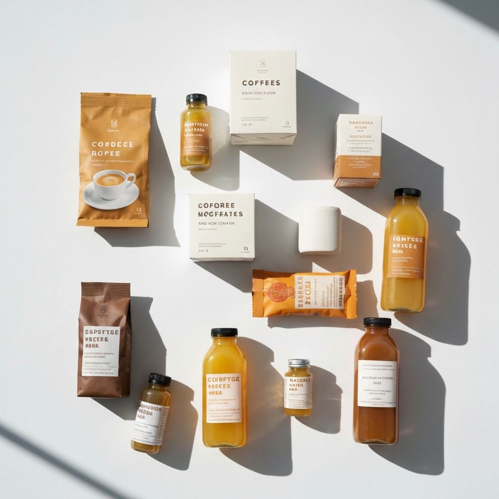 Verschiedene Getränke- und Snack-Verpackungen auf heller Oberfläche