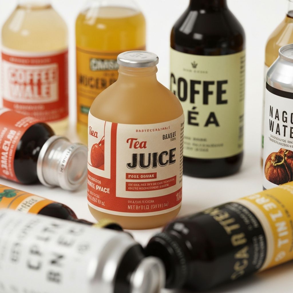 Nahaufnahme von Getränkeetiketten mit verschiedenen Texten